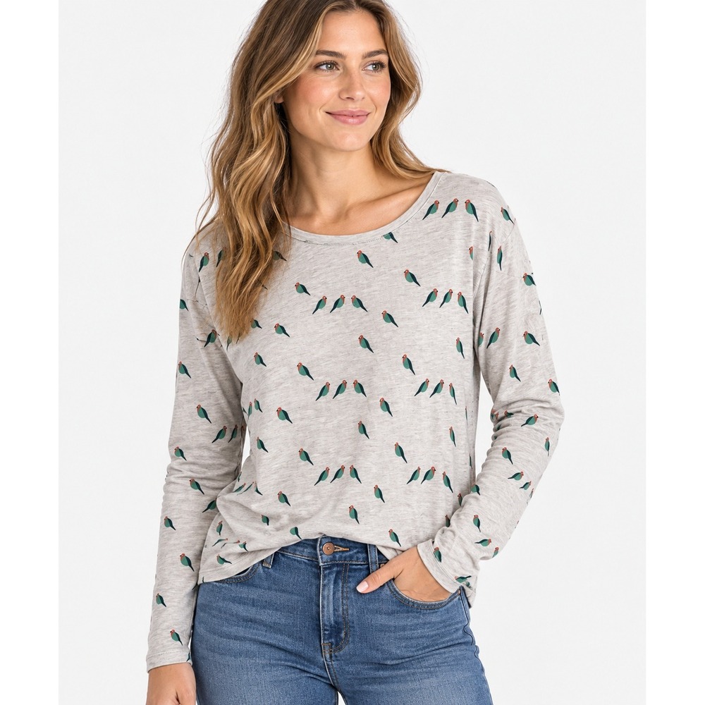 Naketano Women Bird Print Long Sleeve Top Gray Size M Nature Sustainable Earthy